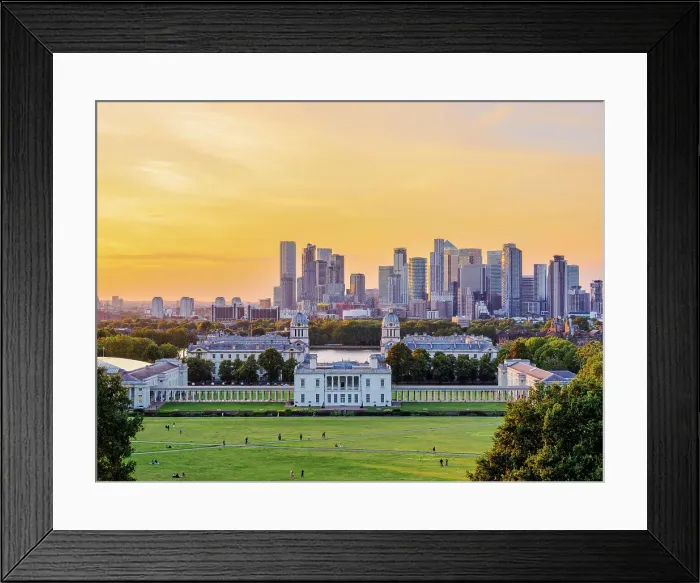 Framed Print : View over Greenwich Park towards Queen's House, Old Royal Naval College and Canary Wharf at sunset, Greenwich, London, England, United Kingdom Framed Print : View over Greenwich Park towards Queen's House, Old Royal Naval College and Canary Wharf at sunset, Greenwich, London, England, United Kingdom