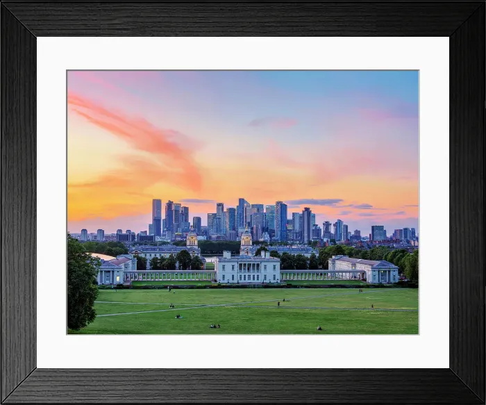 Framed Print : View over Greenwich Park towards Queen's House, Old Royal Naval College and Canary Wharf at dusk, Greenwich, London, England, United Kingdom Framed Print : View over Greenwich Park towards Queen's House, Old Royal Naval College and Canary Wharf at dusk, Greenwich, London, England, United Kingdom