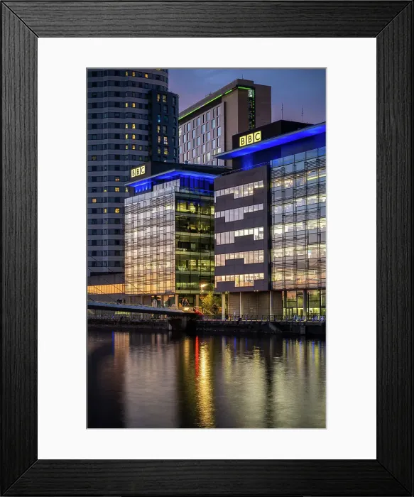 Framed Print : Media City at twilight, Salford Quays, Manchester, Lancashire, England, United Kingdom, Europe Framed Print : Media City at twilight, Salford Quays, Manchester, Lancashire, England, United Kingdom, Europe
