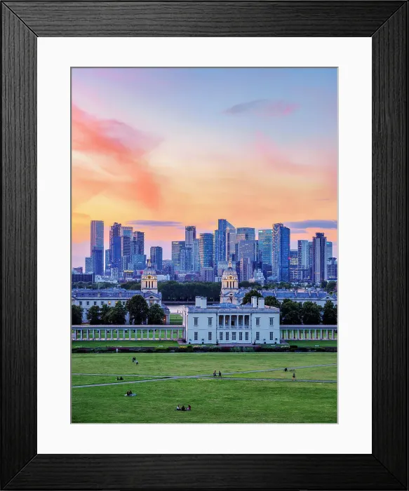 Framed Print : View over Greenwich Park towards Queen's House, Old Royal Naval College and Canary Wharf at dusk, Greenwich, London, England, United Kingdom Framed Print : View over Greenwich Park towards Queen's House, Old Royal Naval College and Canary Wharf at dusk, Greenwich, London, England, United Kingdom