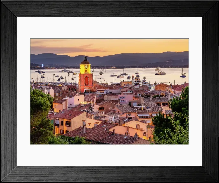 Framed Print : Eglise Notre Dame de l'Assomtion de Saint-Tropez View across town, the old Harbour and Yachts, sunset Saint-Tropez, French Riviera, Provence-Alpes-Cote d'Azur, France