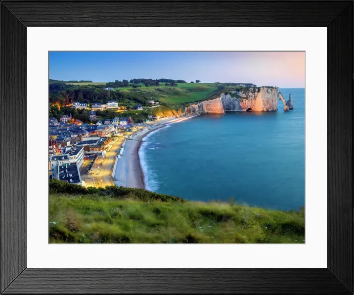 Framed Print : Beach and Cliff at sunset, illuminated ETRETAT Seine Maritime, Normany, France