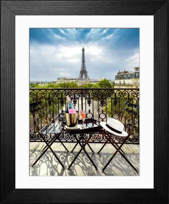 Framed Print : Eiffel Tower View, Champ de Mars, Rose Champagne and Macarons on a Balcony. Paris, Ile de France, France Framed Print : Eiffel Tower View, Champ de Mars, Rose Champagne and Macarons on a Balcony. Paris, Ile de France, France
