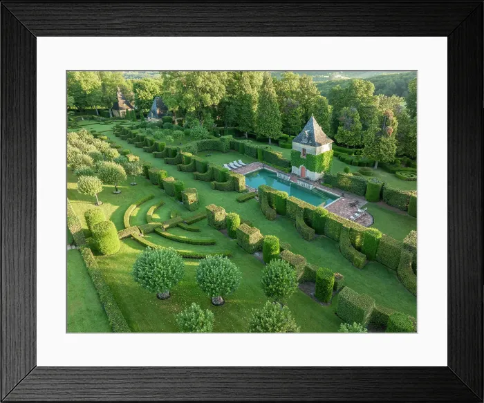 Framed Print : Aerial view of Eyrignac pigeon tower, pool & gardens, Dordogne, Nouvelle Aquitaine, France Framed Print : Aerial view of Eyrignac pigeon tower, pool & gardens, Dordogne, Nouvelle Aquitaine, France
