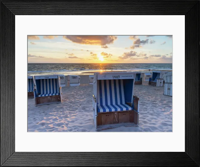 Framed Print : Deckchairs on Westerland beach at sunset, Sylt, Schleswig Holstein, Germany Framed Print : Deckchairs on Westerland beach at sunset, Sylt, Schleswig Holstein, Germany
