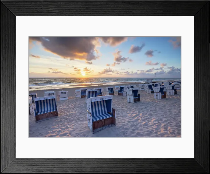 Framed Print : Deckchairs on Westerland beach at sunset, Sylt, Schleswig Holstein, Germany Framed Print : Deckchairs on Westerland beach at sunset, Sylt, Schleswig Holstein, Germany