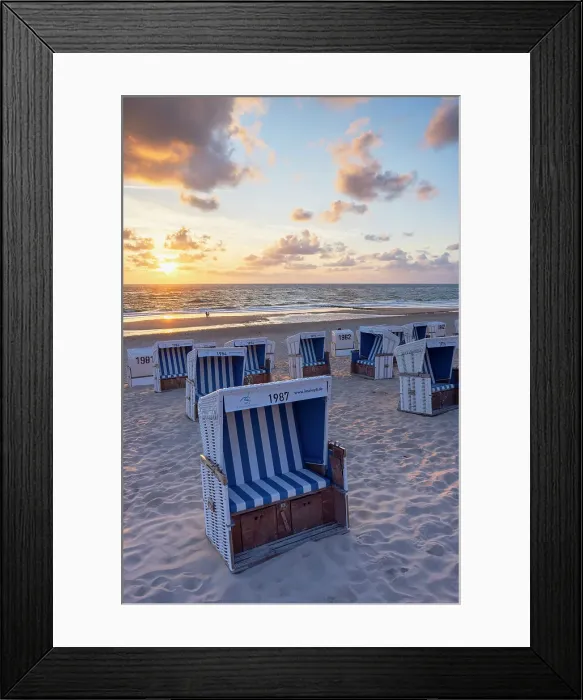 Framed Print : Deckchairs on Westerland beach at sunset, Sylt, Schleswig Holstein, Germany Framed Print : Deckchairs on Westerland beach at sunset, Sylt, Schleswig Holstein, Germany