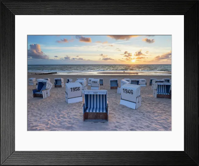 Framed Print : Deckchairs on Westerland beach at sunset, Sylt, Schleswig Holstein, Germany Framed Print : Deckchairs on Westerland beach at sunset, Sylt, Schleswig Holstein, Germany