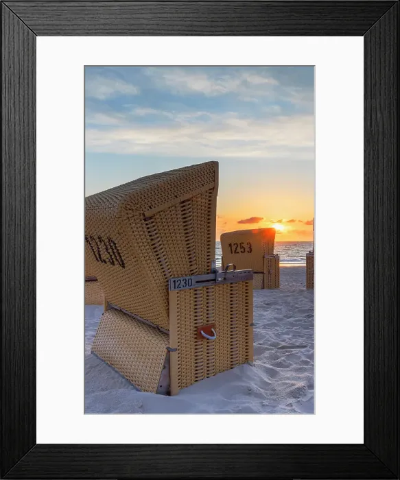 Framed Print : Deckchairs on Wenningstedt beach at sunset, Sylt, Schleswig Holstein, Germany Framed Print : Deckchairs on Wenningstedt beach at sunset, Sylt, Schleswig Holstein, Germany