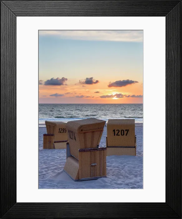 Framed Print : Deckchairs on Wenningstedt beach at sunset, Sylt, Schleswig Holstein, Germany Framed Print : Deckchairs on Wenningstedt beach at sunset, Sylt, Schleswig Holstein, Germany