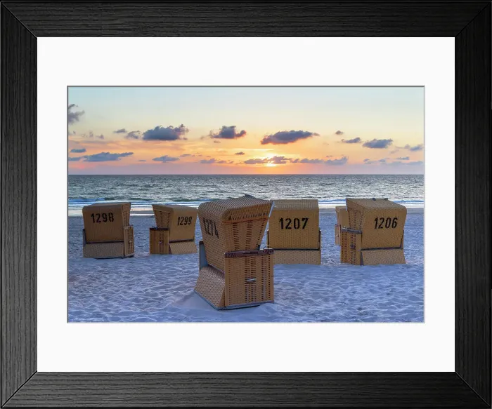 Framed Print : Deckchairs on Wenningstedt beach at sunset, Sylt, Schleswig Holstein, Germany Framed Print : Deckchairs on Wenningstedt beach at sunset, Sylt, Schleswig Holstein, Germany