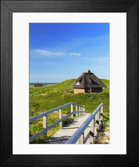 Framed Print : Traditional thatched houses in sand dunes, Hornum, Sylt, Schleswig Holstein, Germany