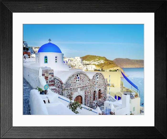Framed Print : Classic Blue Domes, Church and White Architecture Santorini, Oia, Greek Islands, Greece Framed Print : Classic Blue Domes, Church and White Architecture Santorini, Oia, Greek Islands, Greece