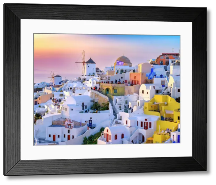 Framed Print : Sunset behind Windmills and classic Greek Architecture, Caldera View, Oia, Santorini, Greece Framed Print : Sunset behind Windmills and classic Greek Architecture, Caldera View, Oia, Santorini, Greece