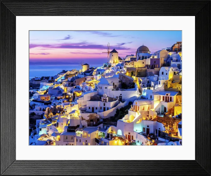 Framed Print : Sunset behind Windmills and classic Greek Architecture, Caldera View, Oia, Santorini, Greece Framed Print : Sunset behind Windmills and classic Greek Architecture, Caldera View, Oia, Santorini, Greece