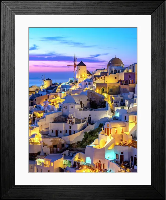 Framed Print : Sunset behind Windmills and classic Greek Architecture, Caldera View, Oia, Santorini, Greece Framed Print : Sunset behind Windmills and classic Greek Architecture, Caldera View, Oia, Santorini, Greece