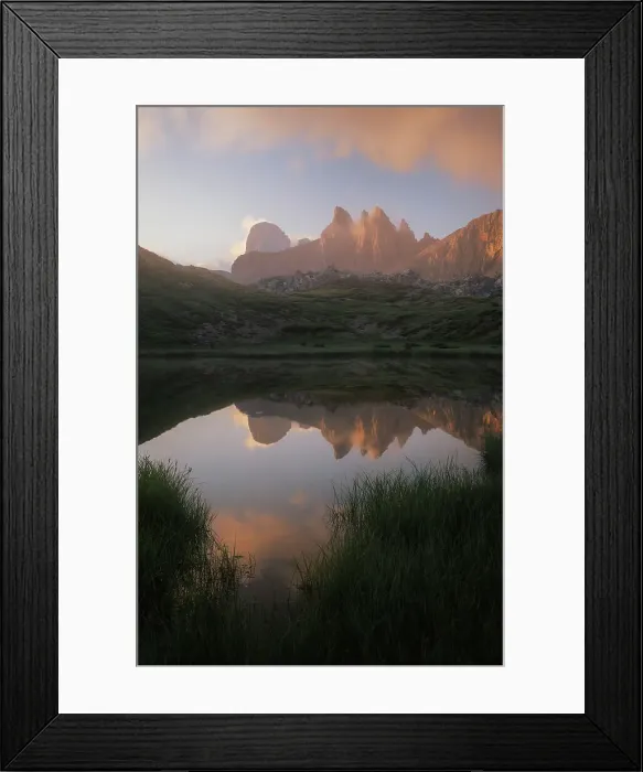 Framed Print : Croda dei Toni reflecting in a small lake near the Locatelli Hut on a clear summer morning. Dolomites, Italy Framed Print : Croda dei Toni reflecting in a small lake near the Locatelli Hut on a clear summer morning. Dolomites, Italy