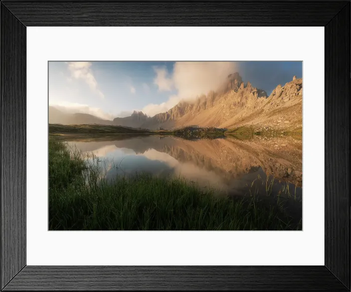 Framed Print : The Paterno mountain reflecting in one of the Laghi dei Piani on a humid summer morning. Dolomites, Italy Framed Print : The Paterno mountain reflecting in one of the Laghi dei Piani on a humid summer morning. Dolomites, Italy