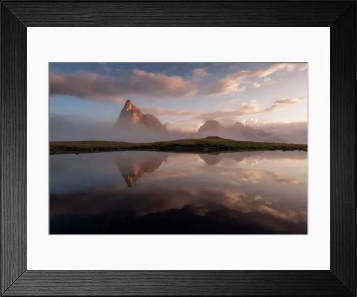 Framed Print : A misty morning along the shore of a small puddle near the Giau Pass, Ampezzo Dolomites, Italy Framed Print : A misty morning along the shore of a small puddle near the Giau Pass, Ampezzo Dolomites, Italy