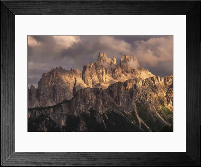 Framed Print : Croda da Lago getting the last light of the day after a storm with a fain rainbow, Ampezzo Dolomites, Italy