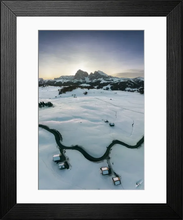 Framed Print : Aerial view at sunrise of the Alpe di Siusi (Seiser Alm) on a clear winter morning. Val Gardena, Dolomites, Italy Framed Print : Aerial view at sunrise of the Alpe di Siusi (Seiser Alm) on a clear winter morning. Val Gardena, Dolomites, Italy