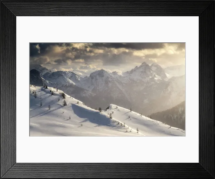 Framed Print : Blizzard conditions over the mountains around the Giau Pass during a spring evening. Dolomites, Italy Framed Print : Blizzard conditions over the mountains around the Giau Pass during a spring evening. Dolomites, Italy