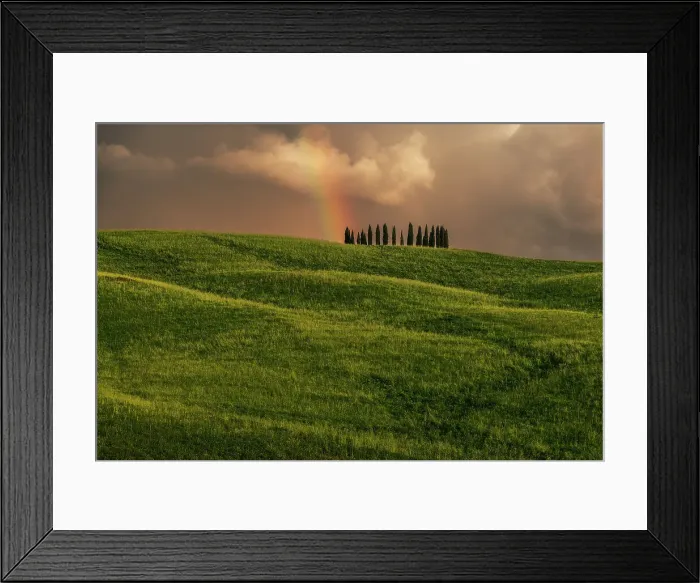 Framed Print : Cypress trees & rainbow in the background. Val d'Orcia, Tuscany, Italy