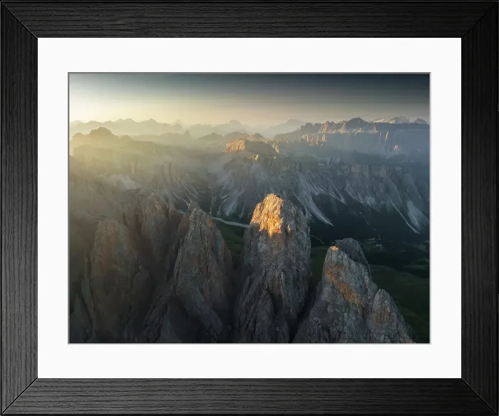 Framed Print : Aerial view of the Odle as seen from the Seceda during a clear summer morning. Val Gardena, Dolomites, Italy Framed Print : Aerial view of the Odle as seen from the Seceda during a clear summer morning. Val Gardena, Dolomites, Italy