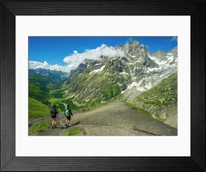 Framed Print : Europe, Italy, Aosta Valley. Hiking from the Val Ferret on the Balcony of the Mont Blanc in front of the Mont Blanc Massif. Part of the route TMB, Tour du Mont Blanc Framed Print : Europe, Italy, Aosta Valley. Hiking from the Val Ferret on the Balcony of the Mont Blanc in front of the Mont Blanc Massif. Part of the route TMB, Tour du Mont Blanc