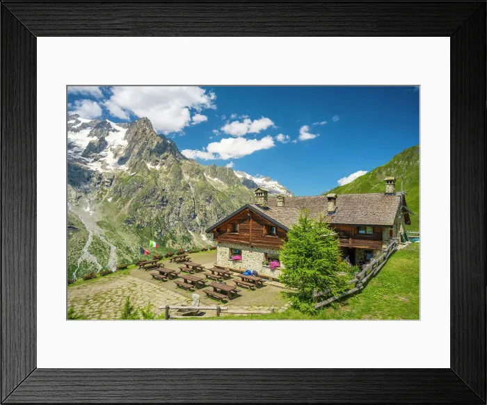 Framed Print : Europe, Italy, Aosta Valley. The mountain hut Rifugio Bonatti on the TMB hike in front of the Mont Blanc Massif Framed Print : Europe, Italy, Aosta Valley. The mountain hut Rifugio Bonatti on the TMB hike in front of the Mont Blanc Massif