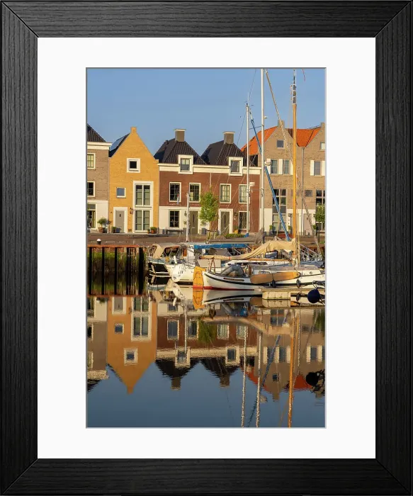 Framed Print : Houses along the old port reflected in the calm water, Harlingen, Friesland, Netherlands