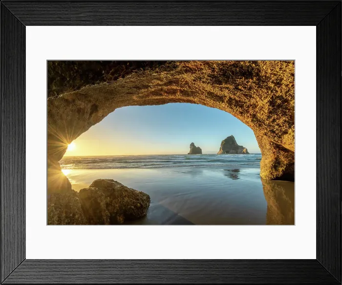 Framed Print : Cave Framing Archway Islands, Wharariki Beach, South Island, New Zealand Framed Print : Cave Framing Archway Islands, Wharariki Beach, South Island, New Zealand