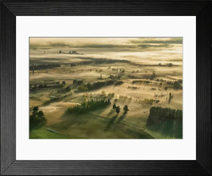 Framed Print : Aerial View of Countryside in Mist, Wanaka, South Island, New Zealand