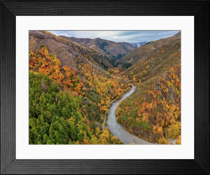 Framed Print : Aerial View over Arrow River in Autumn, Arrowtown, South Island, New Zealand