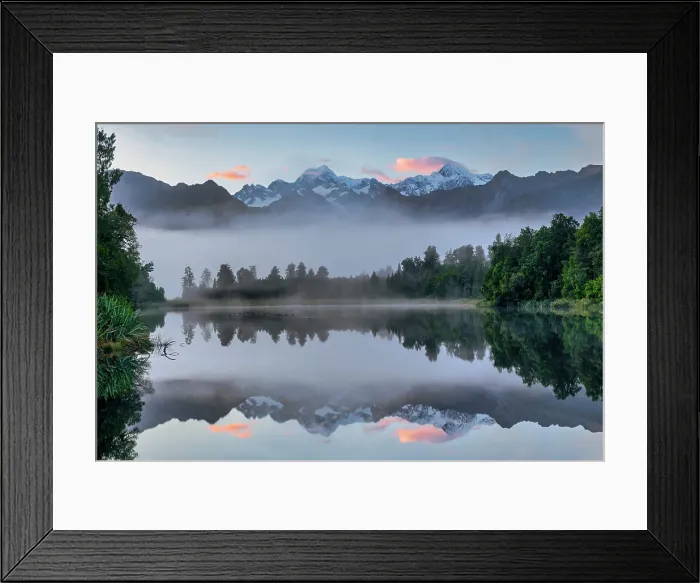 Framed Print : Mist over Lake Matheson at Dawn, near Fox Glacier, South Island, New Zealand