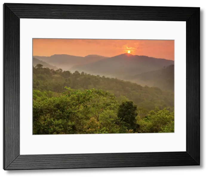 Framed Print : Daybreak over Amazonian rainforest in the Cordillera escalera of the foothills of the Andes Mountains, Tarapoto Peru