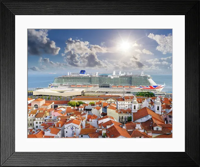 Framed Print : Cruiseship form Great Britain docked, Panoramic Cityscape of historic Alfama with the National Pantheon and Sao Vicente de Fora Monastery, Lisbon, Portugal Framed Print : Cruiseship form Great Britain docked, Panoramic Cityscape of historic Alfama with the National Pantheon and Sao Vicente de Fora Monastery, Lisbon, Portugal
