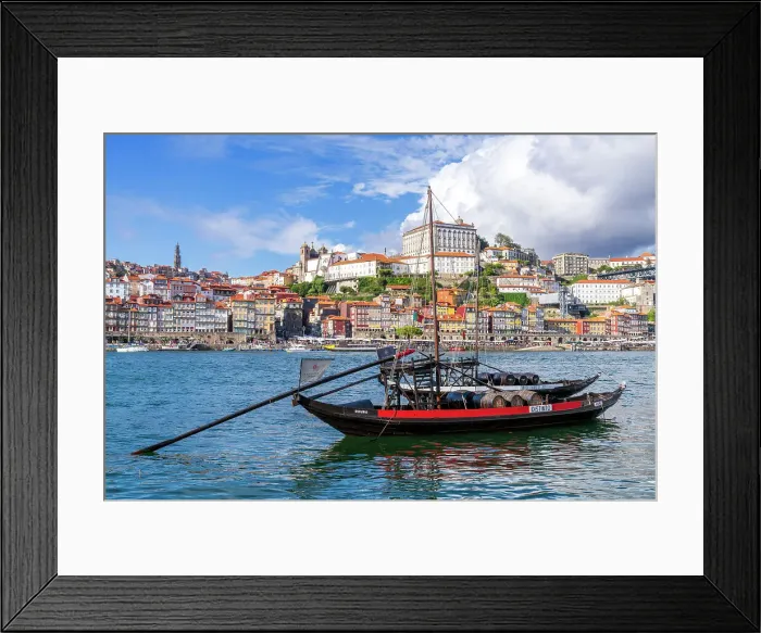 Framed Print : Rabelo Fishing Boats with Wine Barrels, Douro River, Ribeira, from Vila Nova de Gaia Porto (Oporto), Portugal