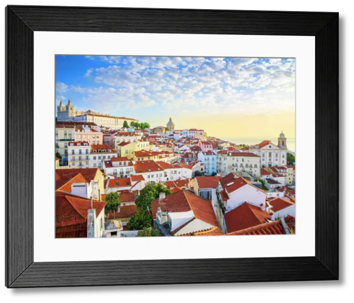 Framed Print : Panoramic Cityscape of historic Alfama with the National Pantheon and Sao Vicente de Fora Monastery, Lisbon, Portugal