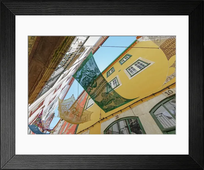 Framed Print : Old town street decorated with Portuguese artefacts, Coimbra, Coimbra district, Centro Region, Portugal