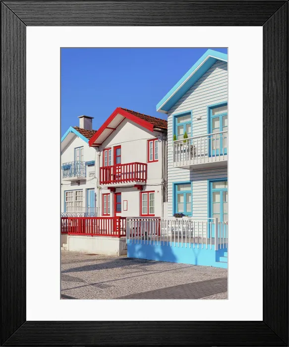 Framed Print : Brightly painted beach homes, Costa Nova do Prado, Aveiro, Portugal