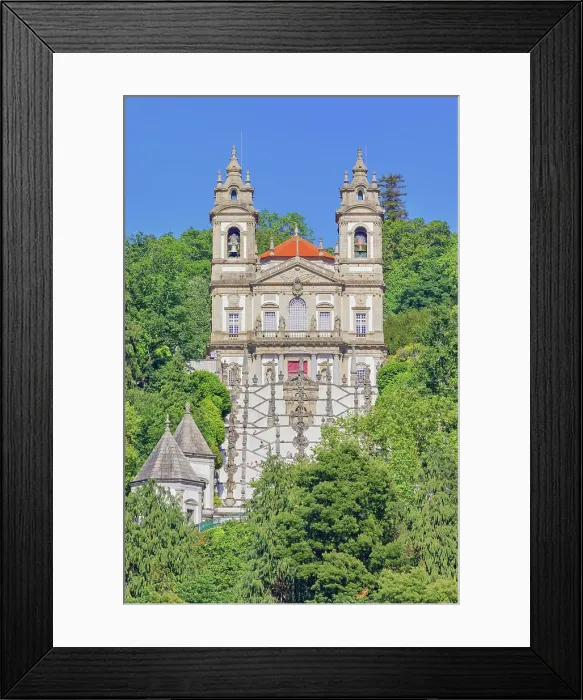 Framed Print : View of Bom Jesus do Monte santuary immersed in the greenery of the surrounding woods, Braga, Minho Province, Portugal