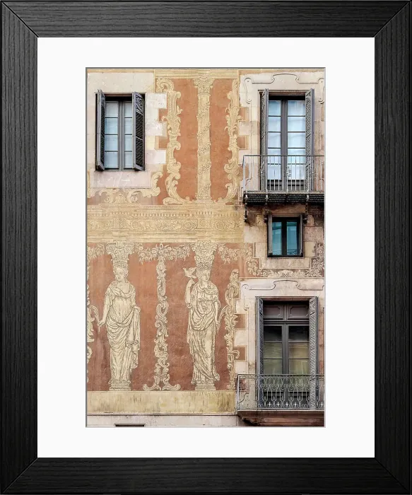 Framed Print : La Casa de la Seda, The House of Silk, sgraffito decoration detailed view, Barcelona, Catalonia, Spain