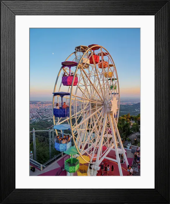 Framed Print : Giradabo Ferris Wheel at sunset, Tibidabo Amusement Park, Mount Tibidabo, Barcelona, Catalonia, Spain Framed Print : Giradabo Ferris Wheel at sunset, Tibidabo Amusement Park, Mount Tibidabo, Barcelona, Catalonia, Spain