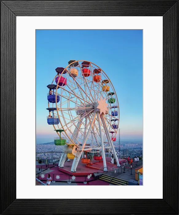 Framed Print : Giradabo Ferris Wheel at sunset, Tibidabo Amusement Park, Mount Tibidabo, Barcelona, Catalonia, Spain Framed Print : Giradabo Ferris Wheel at sunset, Tibidabo Amusement Park, Mount Tibidabo, Barcelona, Catalonia, Spain