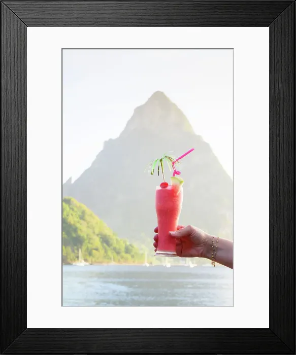 Framed Print : Cocktail Soufriere Beach Park and bay at sunset Soufriere, Saint Lucia