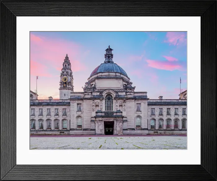 Framed Print : City Hall at dusk, low angle view, Cardiff, Wales, United Kingdom Framed Print : City Hall at dusk, low angle view, Cardiff, Wales, United Kingdom