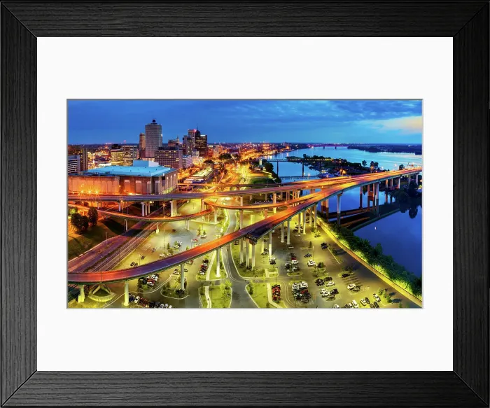 Framed Print : Skyline and Highway of Memphis leading into Hernando de Soto Bridge, Memphis, Tennessee, Shelby County, USA Framed Print : Skyline and Highway of Memphis leading into Hernando de Soto Bridge, Memphis, Tennessee, Shelby County, USA