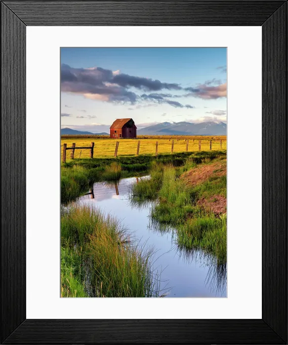 Framed Print : Creek leading to Barn, Chiloquin, Oregon, USA