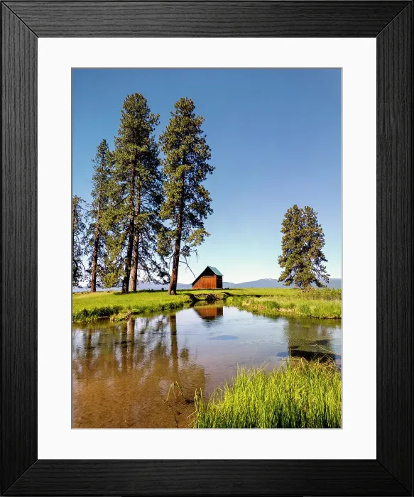 Framed Print : Barn Reflecting in Crooked Creek, near Klamath Agency, Oregon, USA Framed Print : Barn Reflecting in Crooked Creek, near Klamath Agency, Oregon, USA